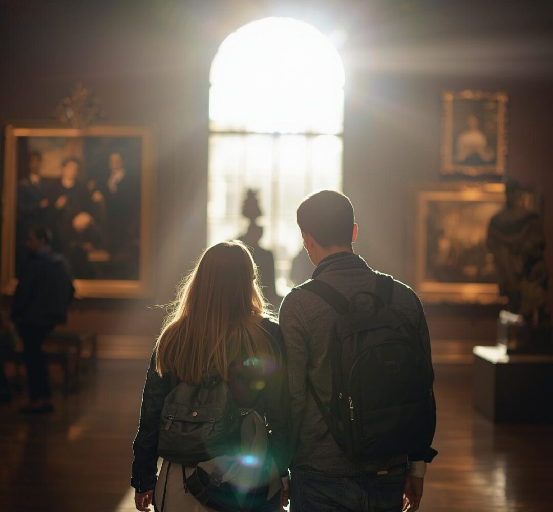 Couple walking in a San Antonio museum hand in hand.